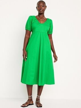NWT Old Navy Green Puff-Sleeve Midi Swing Dress Pockets XL Petite Summer Dress